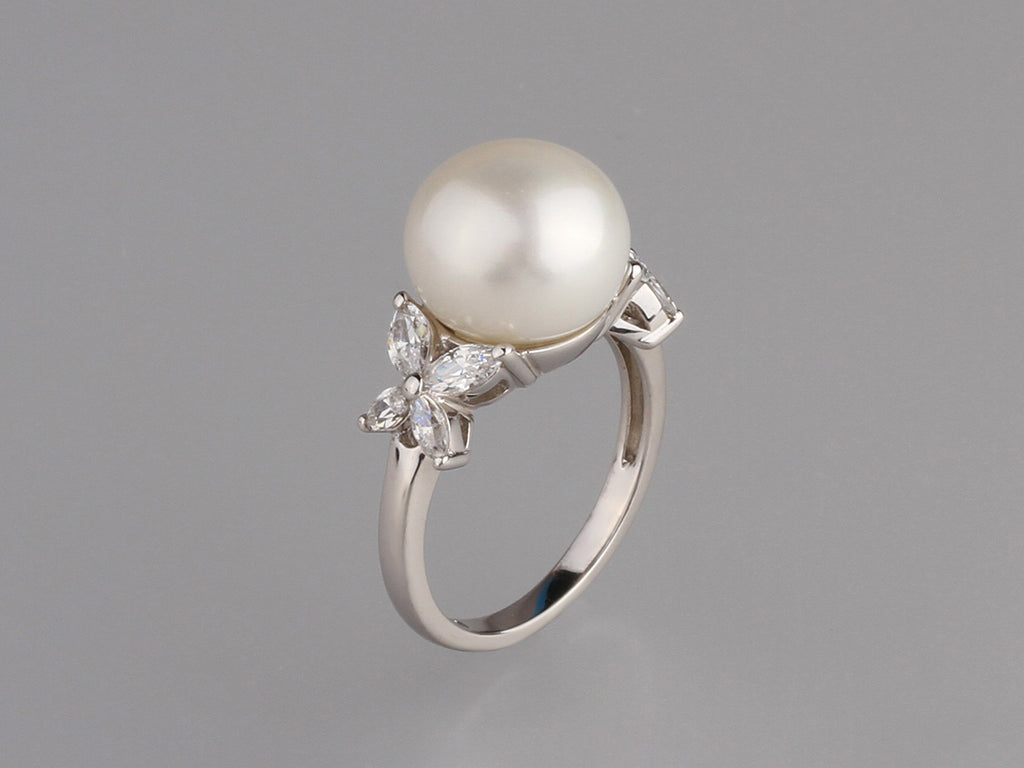 Sterling Silver Ring with 11.5-12mm Button Shape Freshwater Pearl and Cubic Zirconia