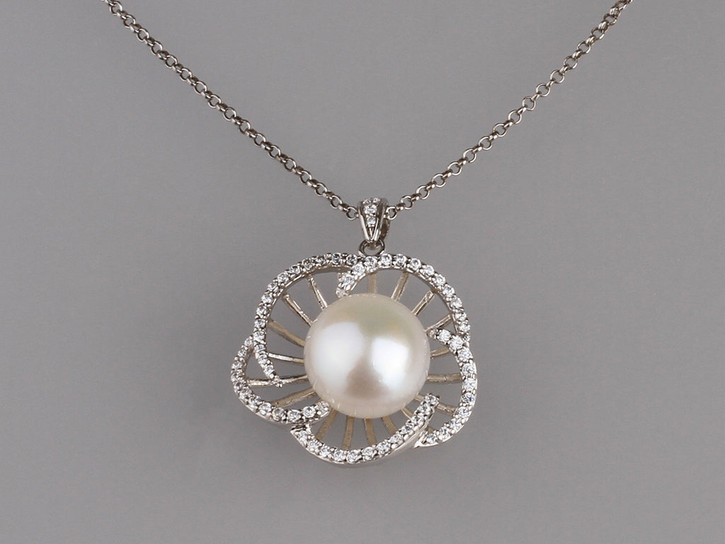 Sterling Silver Pendant with 11.5-12mm Button Shape Freshwater Pearl and Cubic Zirconia