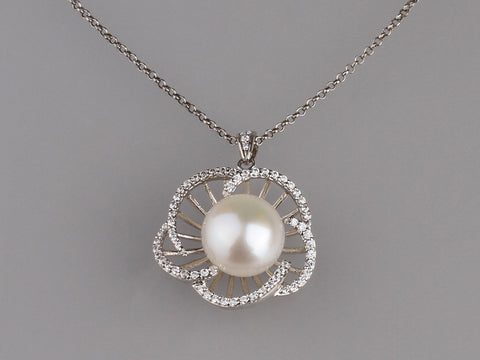 Sterling Silver Pendant with 11.5-12mm Button Shape Freshwater Pearl and Cubic Zirconia