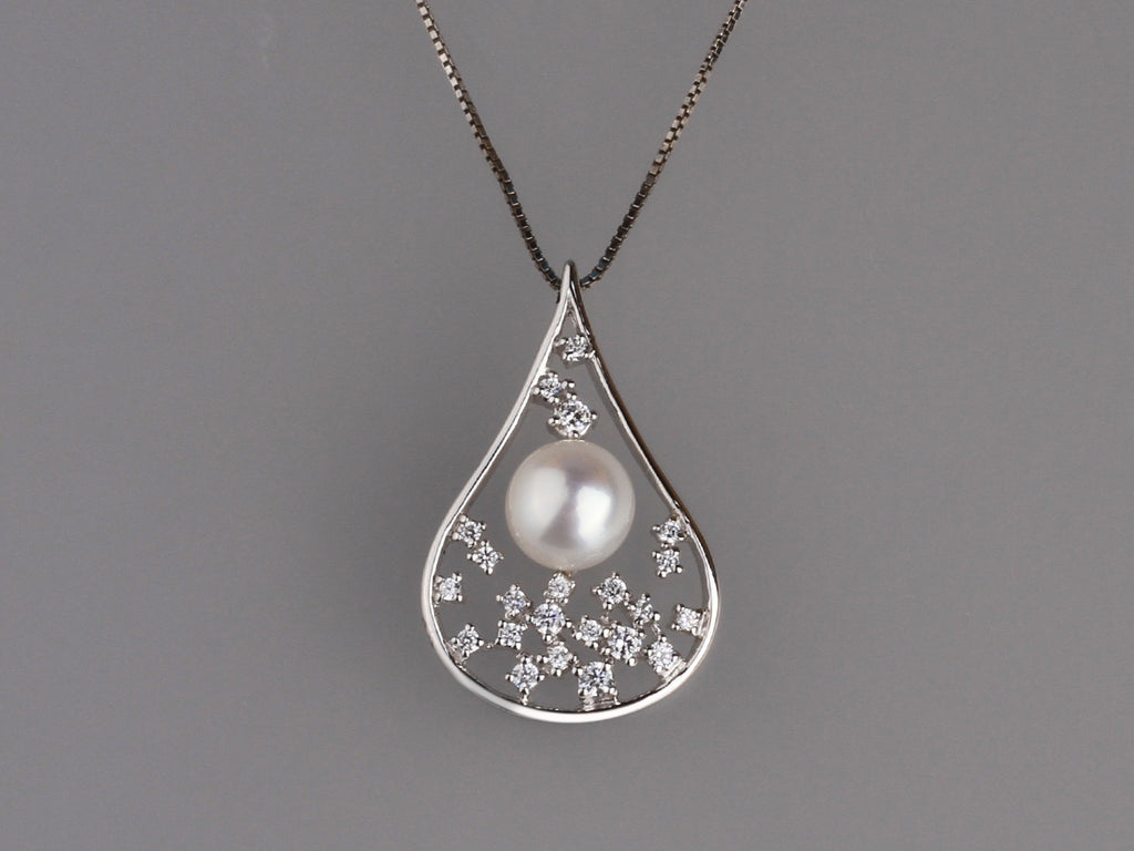 Sterling Silver Pendant with Button Shape Freshwater Pearl and Cubic Zirconia