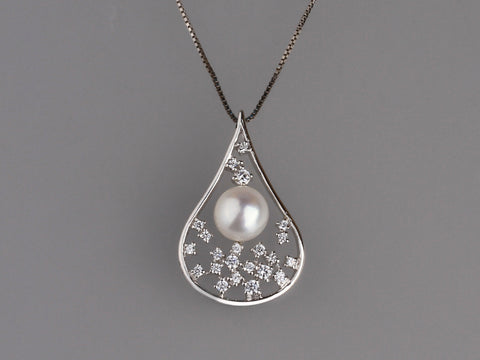 Sterling Silver Pendant with Button Shape Freshwater Pearl and Cubic Zirconia