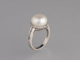 Sterling Silver Ring with 11.5-12mm Button Shape Freshwater Pearl and Cubic Zirconia