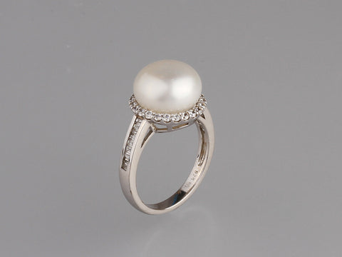 Sterling Silver Ring with 11.5-12mm Button Shape Freshwater Pearl and Cubic Zirconia