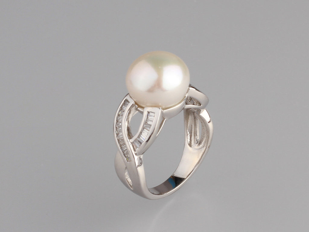 Sterling Silver Ring with 11.5-12mm Button Shape Freshwater Pearl and Cubic Zirconia