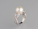 Sterling Silver Ring with 11.5-12mm Button Shape Freshwater Pearl and Cubic Zirconia