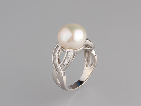 Sterling Silver Ring with 11.5-12mm Button Shape Freshwater Pearl and Cubic Zirconia