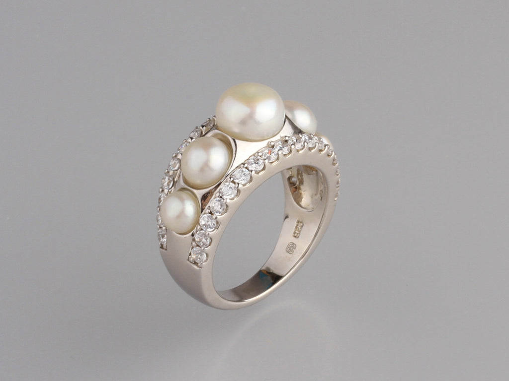 Sterling Silver Ring with Button Shape Freshwater Pearl and Cubic Zirconia