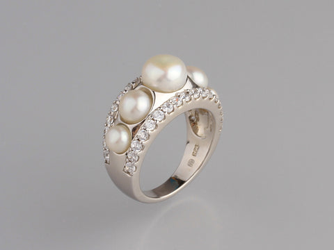 Sterling Silver Ring with Button Shape Freshwater Pearl and Cubic Zirconia