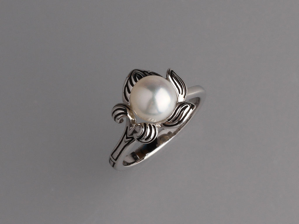 White and Black Plated Silver Ring with 7.5-8mm Button Freshwater Pearl