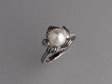 White and Black Plated Silver Ring with 7.5-8mm Button Freshwater Pearl