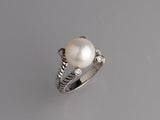 White and Black Plated Silver Ring with 10.5-11mm Button Shape Freshwater Pearl and Cubic Zirconia