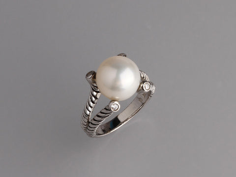 White and Black Plated Silver Ring with 10.5-11mm Button Shape Freshwater Pearl and Cubic Zirconia