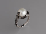 White and Black Plated Silver Ring with 10-10.5mm Button Shape Freshwater Pearl