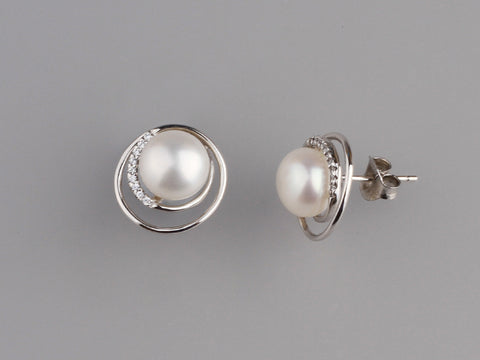 Sterling Silver Earrings with 9-9.5mm Button Shape Freshwater Pearl and Cubic Zirconia