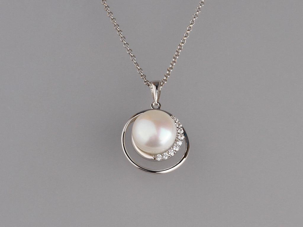 Sterling Silver Pendant with 10.5-11mm Button Shape Freshwater Pearl and Cubic Zirconia
