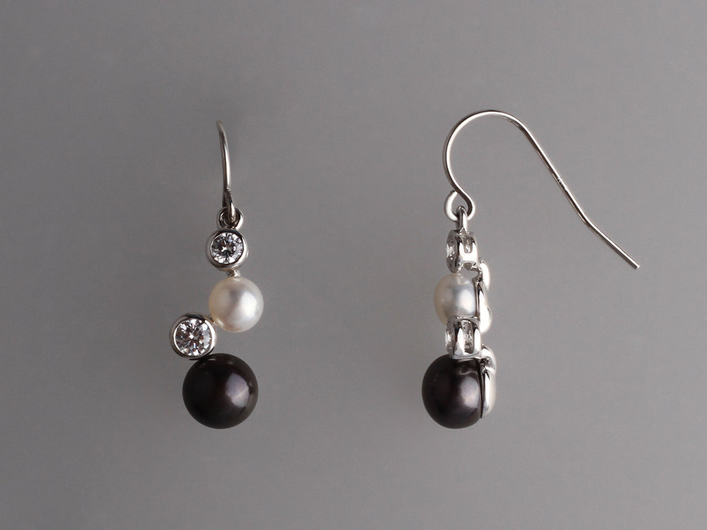 Sterling Silver Earrings with Button Shape Freshwater Pearl and Cubic Zirconia