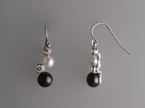Sterling Silver Earrings with Button Shape Freshwater Pearl and Cubic Zirconia