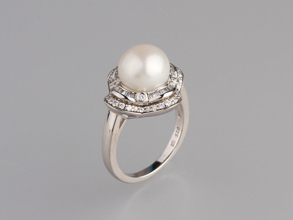Sterling Silver Ring with 9.5-10mm Button Shape Freshwater Pearl and Cubic Zirconia