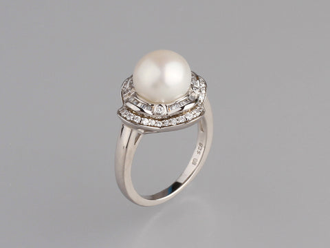 Sterling Silver Ring with 9.5-10mm Button Shape Freshwater Pearl and Cubic Zirconia