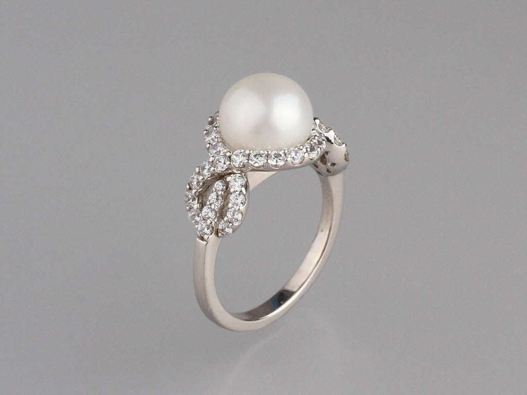 Sterling Silver Ring with 9-9.5mm Button Shape Freshwater Pearl and Cubic Zirconia