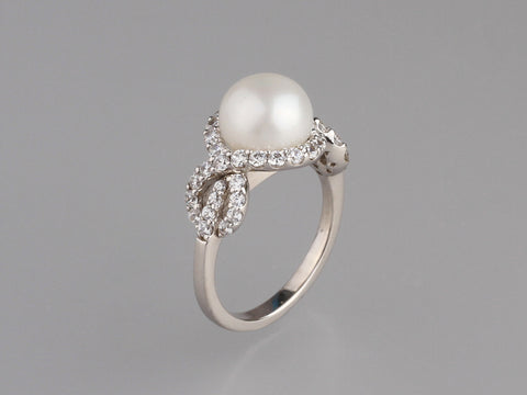 Sterling Silver Ring with 9-9.5mm Button Shape Freshwater Pearl and Cubic Zirconia