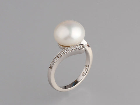 Sterling Silver Ring with 11-11.5mm Button Shape Freshwater Pearl and Cubic Zirconia