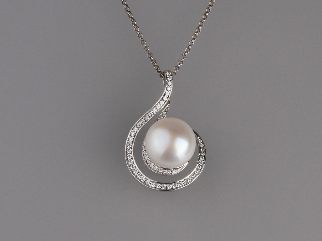 Sterling Silver Pendant with 12-12.5mm Button Shape Freshwater Pearl and Cubic Zirconia