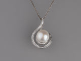 Sterling Silver Pendant with 12-12.5mm Button Shape Freshwater Pearl and Cubic Zirconia