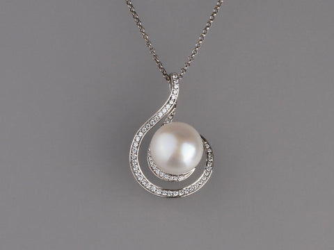 Sterling Silver Pendant with 12-12.5mm Button Shape Freshwater Pearl and Cubic Zirconia