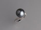 Sterling Silver Ring with 13-13.5mm Tahitian Pearl and Cubic Zirconia