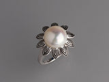 White and Black Plated Silver Ring with 11.5-12mm Button Shape Freshwater Pearl
