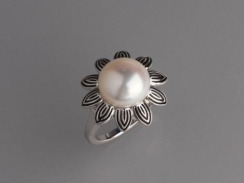 White and Black Plated Silver Ring with 11.5-12mm Button Shape Freshwater Pearl