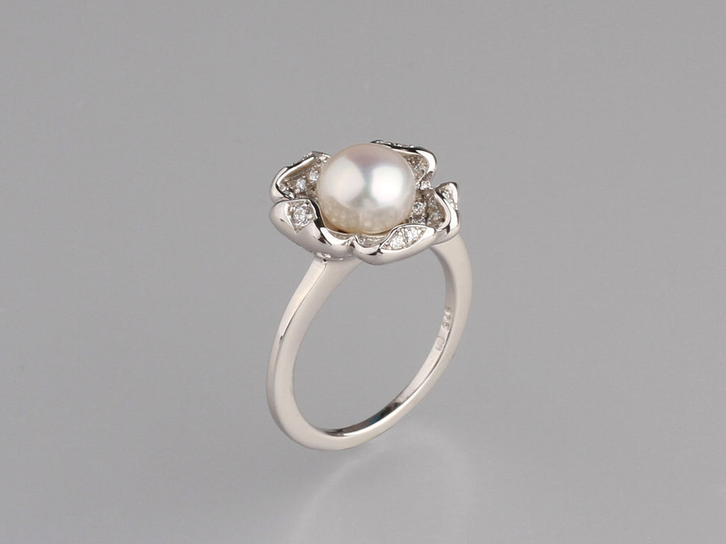 Sterling Silver Ring with 8-8.5mm Button Shape Freshwater Pearl and Cubic Zirconia