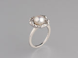 Sterling Silver Ring with 8-8.5mm Button Shape Freshwater Pearl and Cubic Zirconia