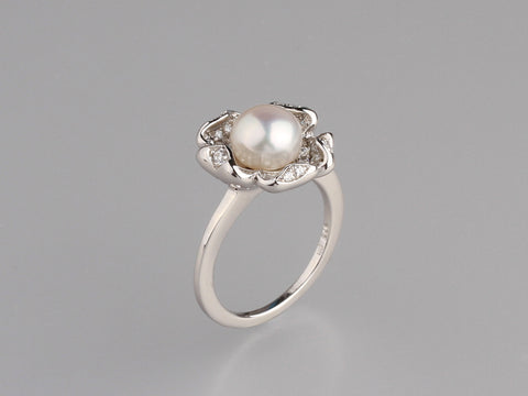 Sterling Silver Ring with 8-8.5mm Button Shape Freshwater Pearl and Cubic Zirconia