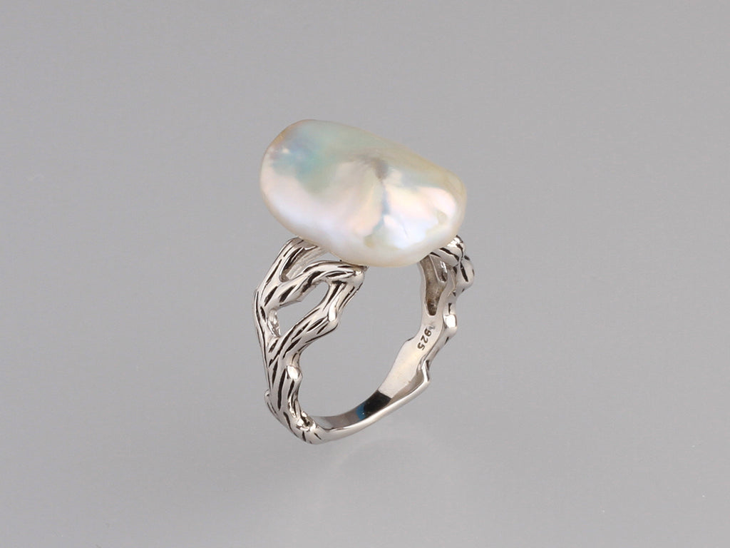 Sterling Silver Ring with 14*16mm Baroque Shape Freshwater Pearl