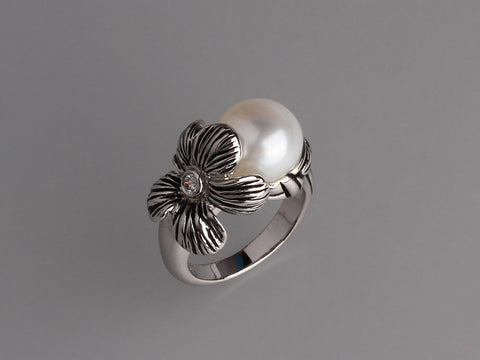 White and Black Plated Silver Ring with 11-11.5mm Button Freshwater Pearl and Cubic Zirconia