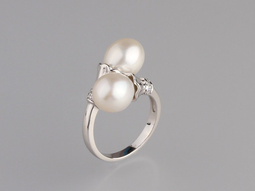 Sterling Silver Ring with 9-9.5mm Drop Shape Freshwater Pearl and Cubic Zirconia