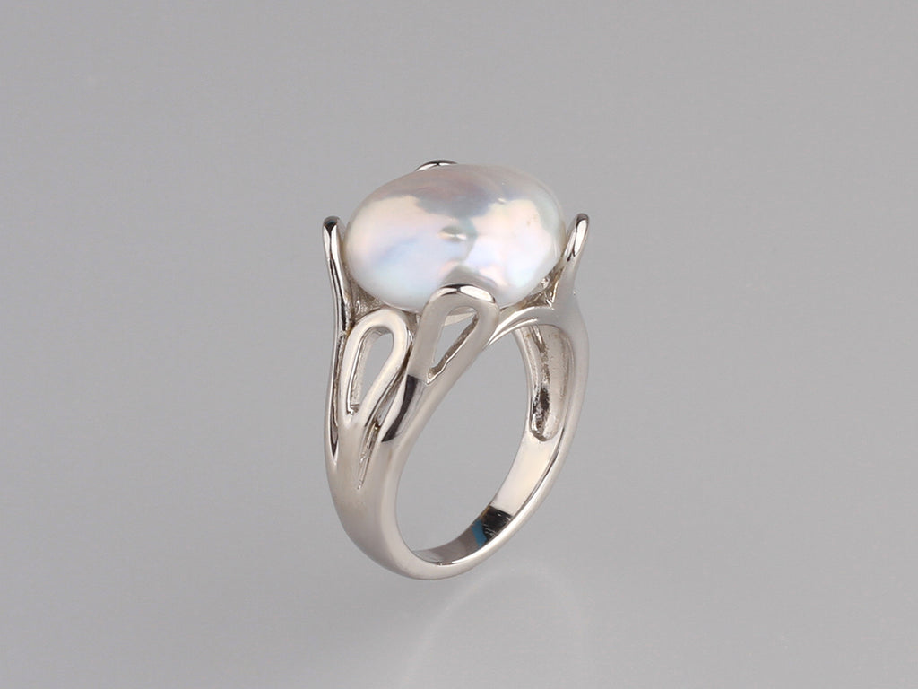 Sterling Silver Ring with 14*16mm Baroque Shape Freshwater Pearl