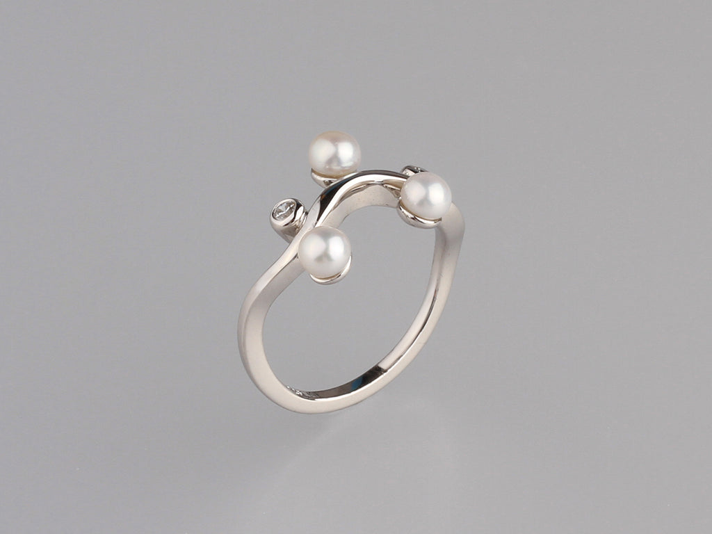Sterling Silver Ring with 4-4.5mm Button Shape Freshwater Pearl and Cubic Zirconia