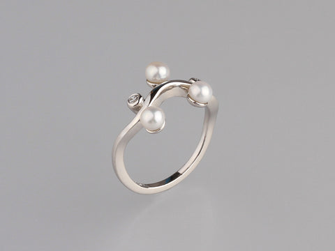 Sterling Silver Ring with 4-4.5mm Button Shape Freshwater Pearl and Cubic Zirconia