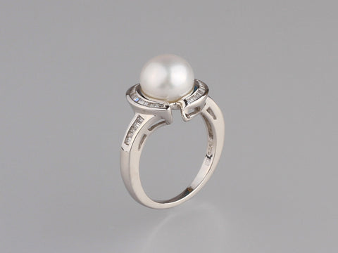 Sterling Silver Ring with 9-9.5mm Button Shape Freshwater Pearl and Cubic Zirconia