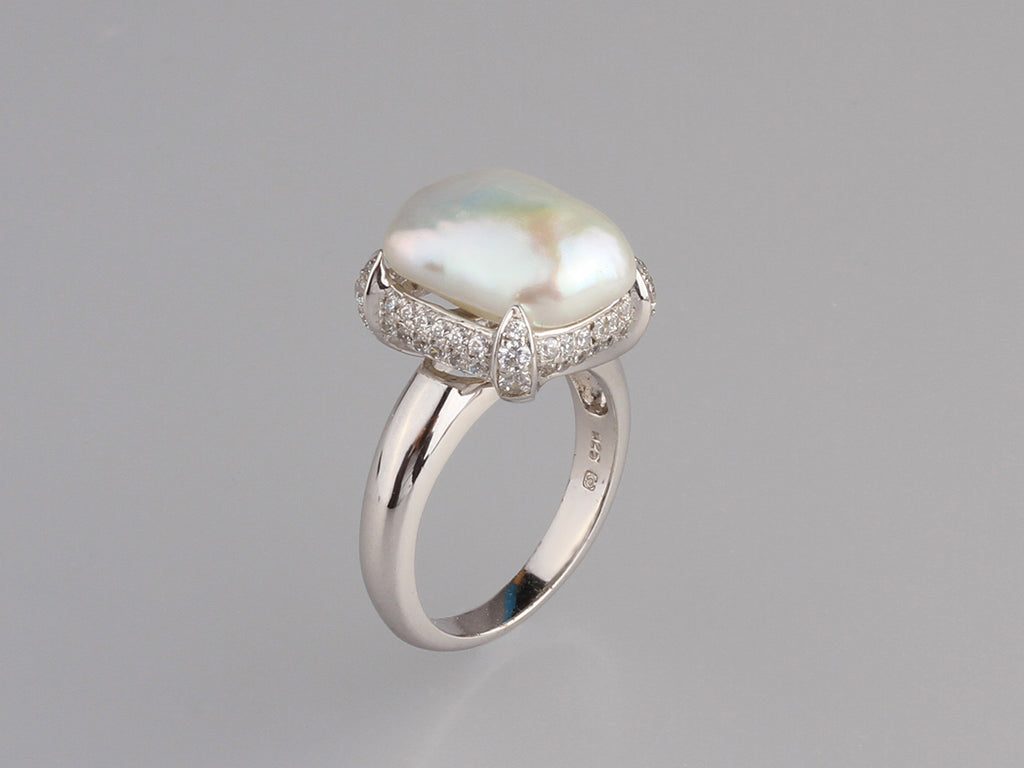 Sterling Silver Ring with 11*15mm Baroque Shape Freshwater Pearl and Cubic Zirconia