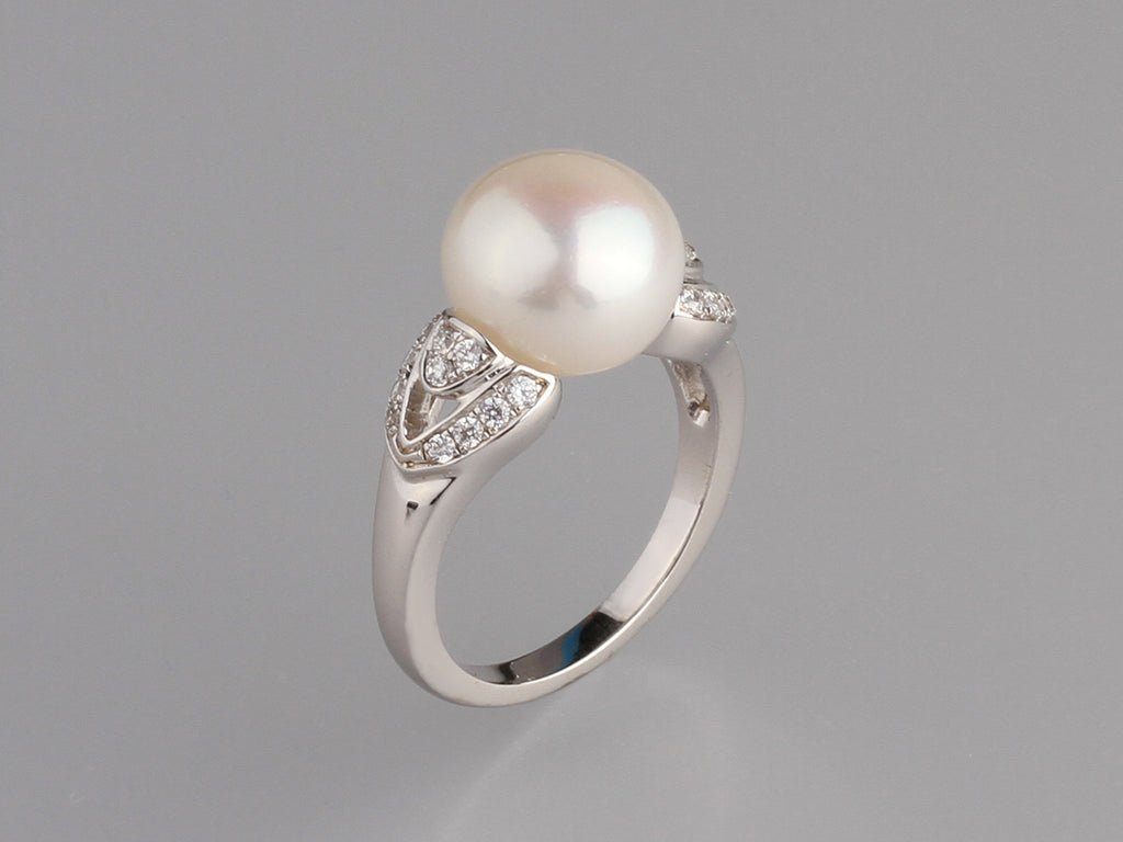 Sterling Silver Ring with 11-11.5mm Button Shape Freshwater Pearl and Cubic ZIrconia