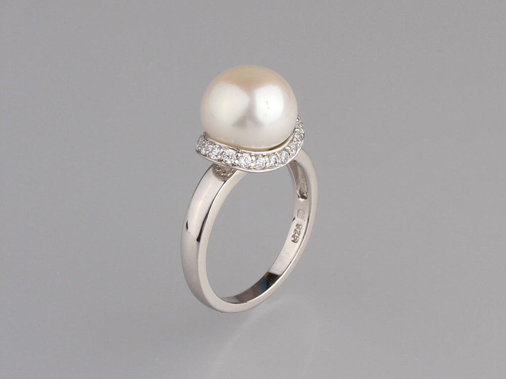 Sterling Silver Ring with 10.5-11mm Button Shape Freshwater Pearl and Cubic Zirconia