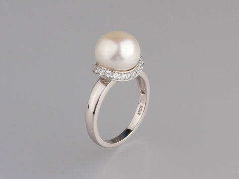 Sterling Silver Ring with 10.5-11mm Button Shape Freshwater Pearl and Cubic Zirconia