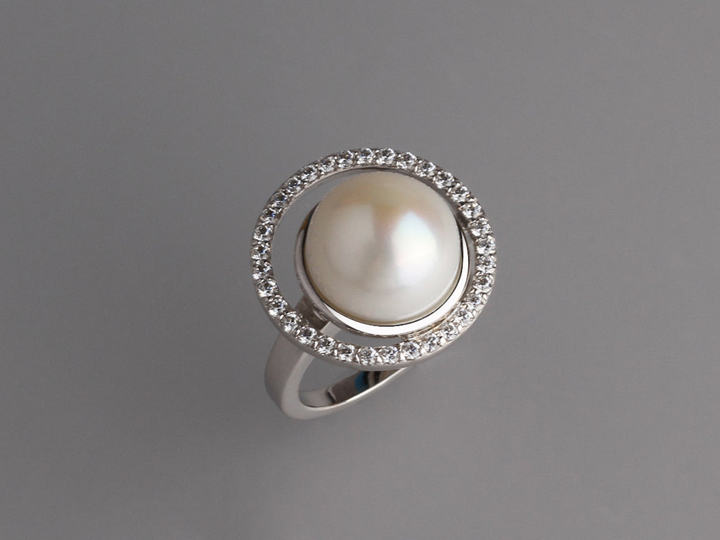 Sterling Silver Ring with 12-12.5mm Button Shape Freshwater Pearl and Cubic Zirconia