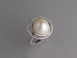 Sterling Silver Ring with 12-12.5mm Button Shape Freshwater Pearl and Cubic Zirconia