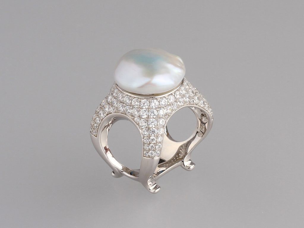 Sterling Silver Ring with 15*16mm Baroque Shape Freshwater Pearl and Cubic Zirconia