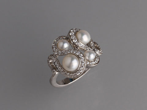 Sterling Silver Ring with Button Shape Freshwater Pearl and Cubic Zirconia